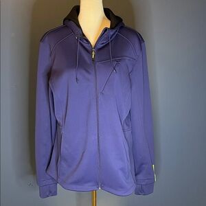 Mondetta XL women's jacket with hood, navy with lime accent, black interior, zip